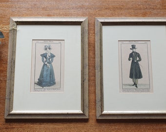 Antique Framed in Glass Pair of French Engravings of Lady and Gentleman, Victorian Parisian Fashion Wall Home Decor