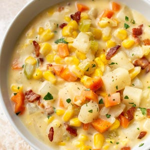 May include: A creamy corn chowder in a white bowl. The soup contains yellow corn kernels, diced potatoes, orange carrots, green celery, and crispy bacon bits. Fresh parsley is sprinkled on top.