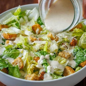 Puede incluir: Una ensalada César fresca en un cuenco blanco. La ensalada presenta lechuga romana crujiente, picatostes y queso rallado. Se vierte aderezo cremoso de un tarro de cristal, añadiendo un toque final a la ensalada.