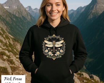 Dragonfly Floral Hoodie, Botanical Cottagecore Sweatshirt