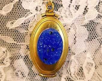 Antique Gold Blue Glass Floral Cameo Locket Necklace Holds Four Pictures