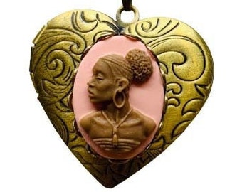 Antiqued Goldtone Pink and Brown African Lady Cameo Heart Locket Necklace