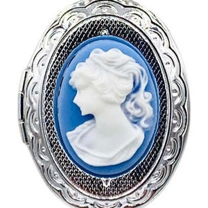 Blue Lady Left-facing Cameo Silvertone Locket Necklace