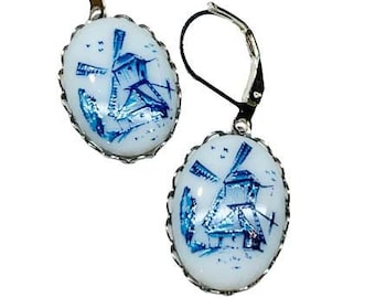 Delft-like Porcelain Windmill Cameo Earrings in Silvertone Frame