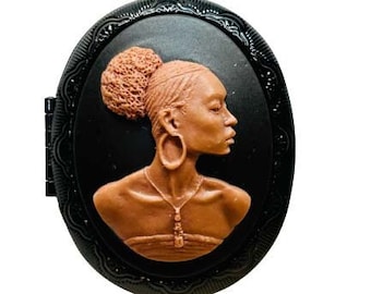 Black African Lady Cameo Locket Necklace