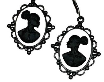 Beautiful African Lady Cameo Earrings in Ornate Black Frame