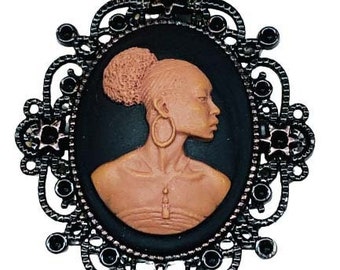 Brown and Black African Lady Cameo Brooch Black Ornate Frame