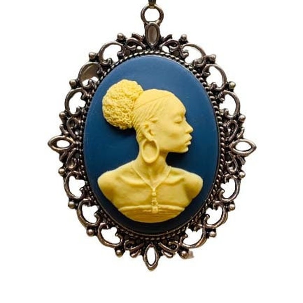 Blue and Ivory African Cameo Silvertone Chain Necklace