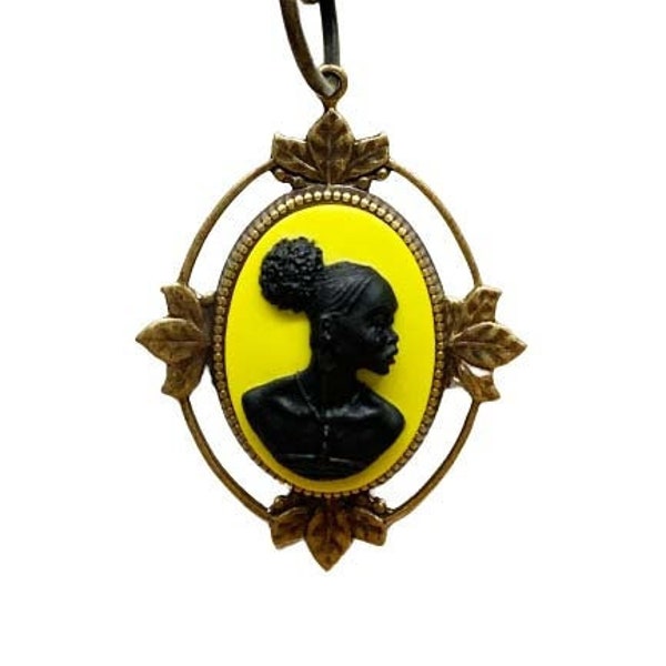 African Lady Cameo Book Chain Necklace in Oakleaf Brass Setting