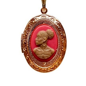 Magenta and Brown African Lady Cameo Rose Gold Locket Necklace