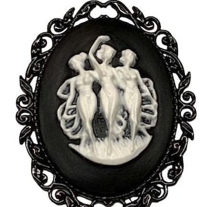 Black and White Three Graces Cameo Brooch Resin Black Frame