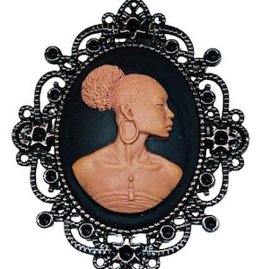 Brown and Black African Lady Cameo Brooch Black Ornate Frame