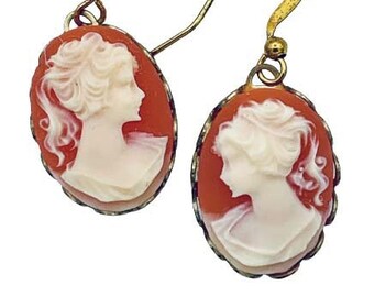 Carnelian Lady Cameo Earrings with Goldplate Dangles