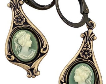 Victorian Style Green Cameo Earrings