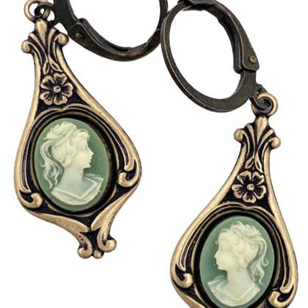 Victorian Style Green Cameo Earrings