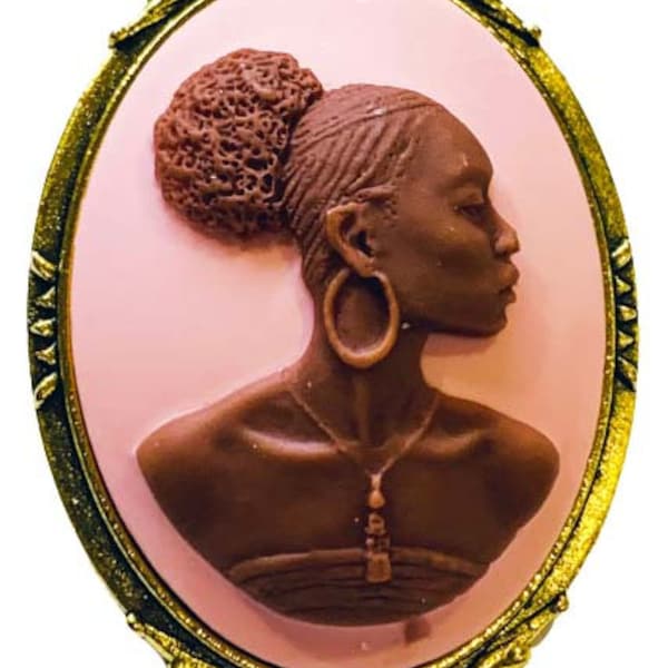 Pink and Brown African Lady Cameo Brooch Goldtone Frame