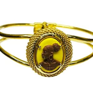 African Cameo Hinged Goldtone Cuff Bracelet
