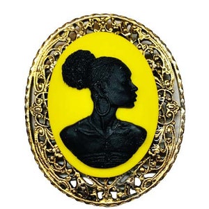 Yellow and Black African Lady Cameo Brooch Goldtone Filigree Frame