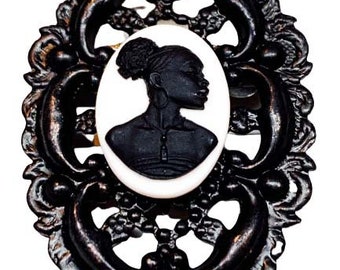 Black and White African Lady Cameo Brooch Black Setting