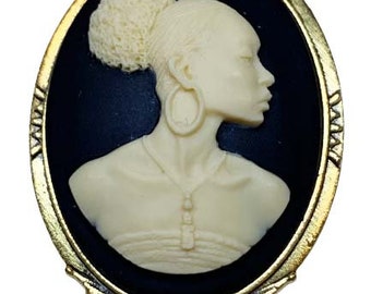 Black and Ivory African Lady Cameo Brooch Goldtone Frame