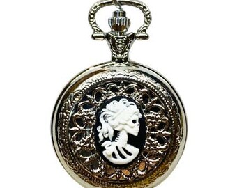 Ladies Gothic Skeleton Pocket Watch on Long Chain Silvertone