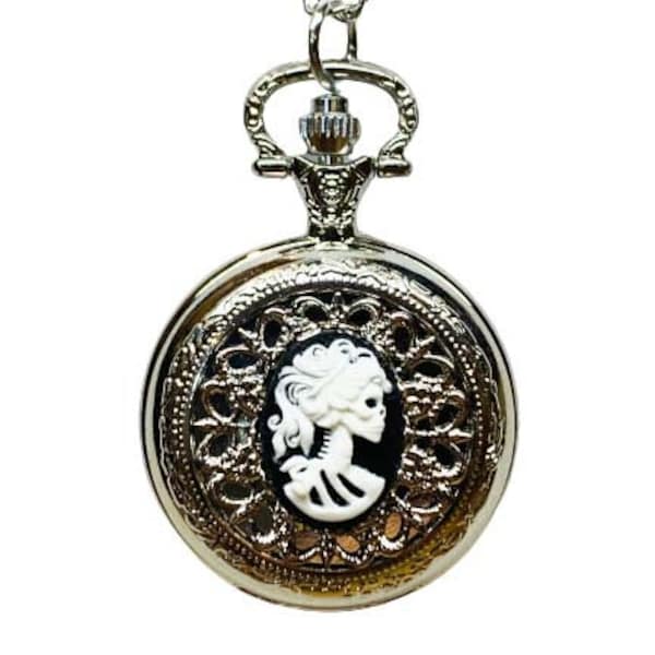 Ladies Gothic Skeleton Pocket Watch on Long Chain Silvertone