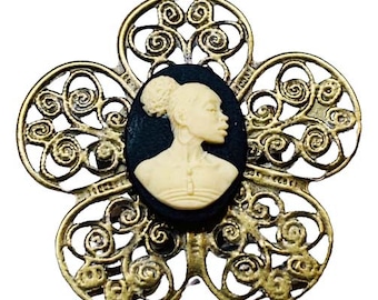 Cream and Black African Lady Cameo Brooch on Antique Goldtone Setting