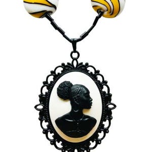 Black and White African Cameo Necklace with Glass Beads