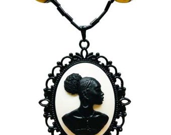 Black and White African Cameo Necklace with Glass Beads