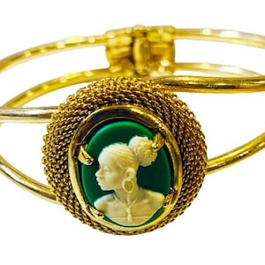 African Cameo Hinged Goldtone Cuff Bracelet
