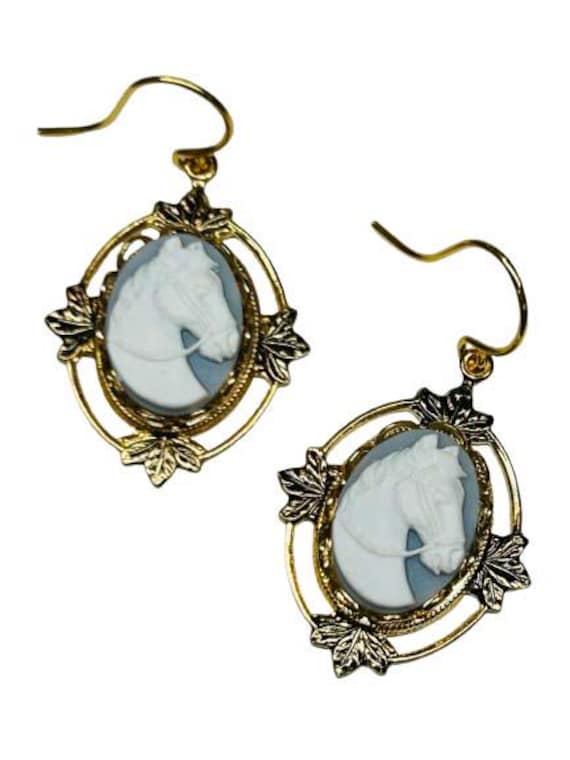 Blue and White Horse Cameo Earrings