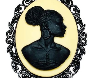 Ivory and Black African Lady Cameo Brooch Black Frame