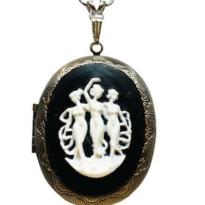 Black and White Three Graces Cameo Silvertone Locket Necklace