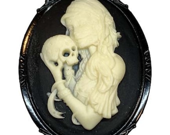 Beautiful Mama Skeleton Black and Ivory Cameo Brooch Black Frame