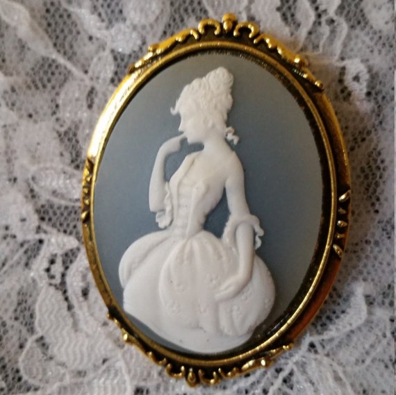 Items similar to Demure Beautiful Young Lady Cameo Brooch Pewter Blue