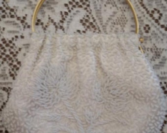 Vintage White Beaded Evening Handbag with Palm Tree Design