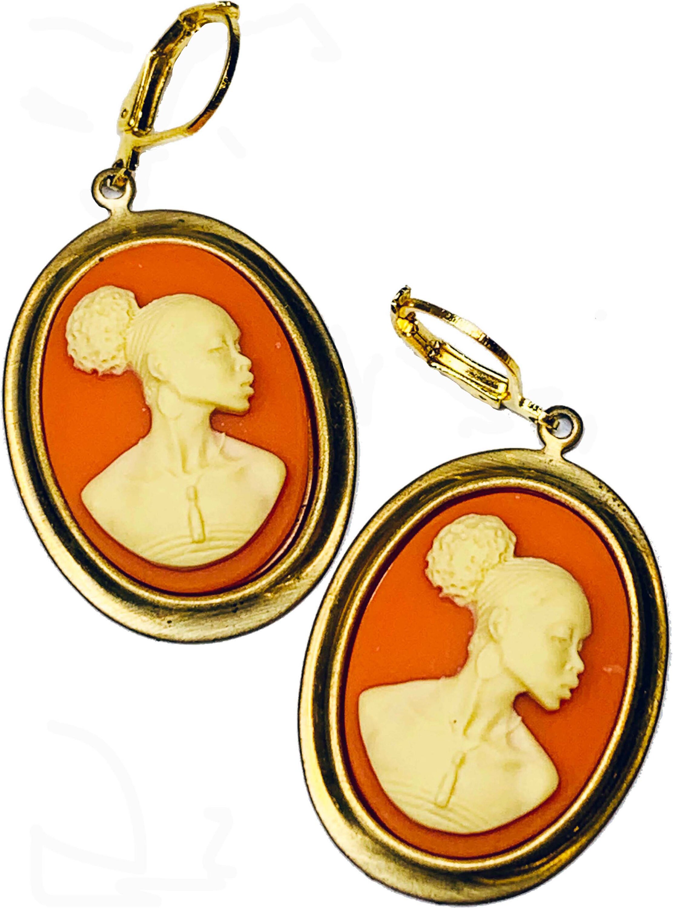 Beautiful African Lady Cameo Earrings in Goldtone Frame