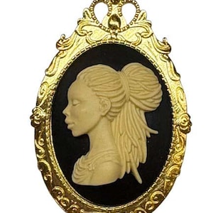Black and Ivory African Lady w/Braids Cameo Goldtone Brooch