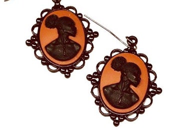 Beautiful Brown and Black African Lady Cameo Earrings in Ornate Black Frame