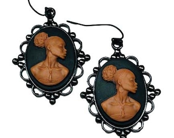 Beautiful Black and Brown African Lady Cameo Earrings in Ornate Black Frame