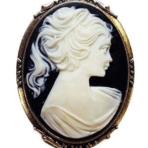 Black and White Cameo Brooch Resin Silvertone Frame