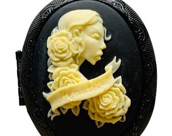 Cream and Black African Lady Cameo Locket Black Frame