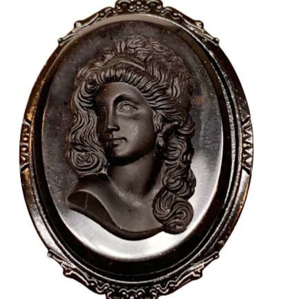 Vintage Black Glass Mourning Cameo Brooch