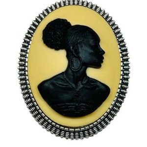 Cream and Black African Lady Cameo Brooch Silvertone Frame