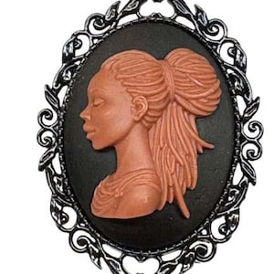 Brown and Black African Lady w/Braids Cameo Brooch Black Frame