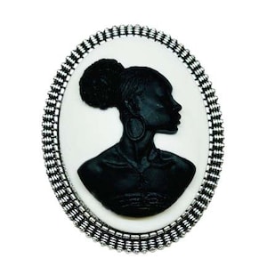 White and Black African Lady Cameo Brooch Silvertone Frame