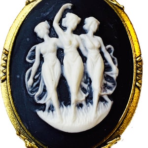 Black and White Three Graces Cameo Brooch Resin Goldtone