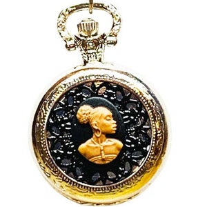 Ladies Black African Lady Cameo Pocket Watch on Long Chain Silver