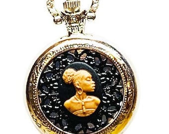 Ladies Black African Lady Cameo Pocket Watch on Long Chain Silver