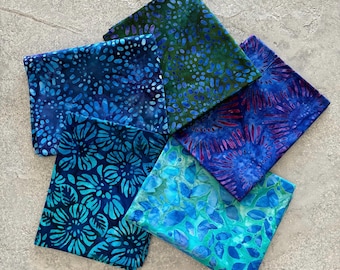 Tela batik azul y verde, cortes de media yarda - Juego de 5